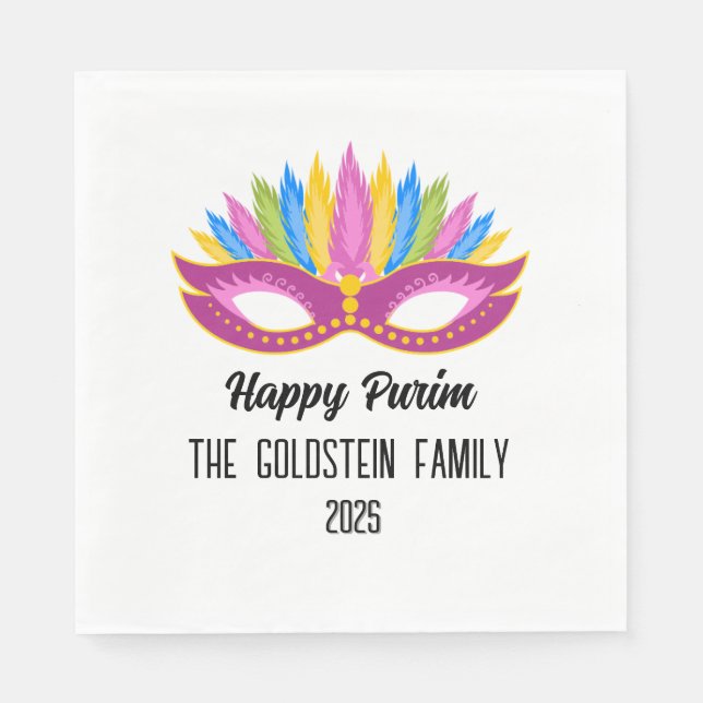 Purple Purim Masquerade Family Name Napkin (Front)