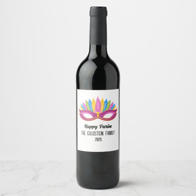 Purple Purim Masquerade Family Name  Wine Label (Front)