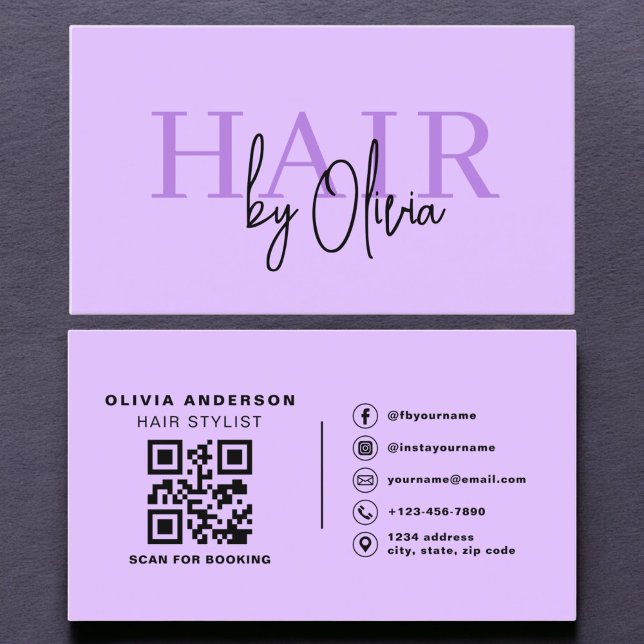Purple QR Code Hair Stylist Typography  Business Card (Creator Uploaded)