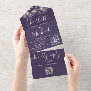Purple QR Code Mason Jars String Lights Wedding All In One Invitation