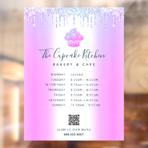 Purple QR Code Menu Hours Cupcake Bakery Glitter Window Cling