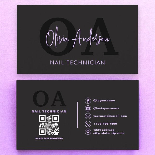Purple QR Code Nail Specialist Artist Modern Business Card (Creator Uploaded)