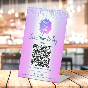 Purple QR Code Pay Here Glitter Drips Custom Logo Pedestal Sign