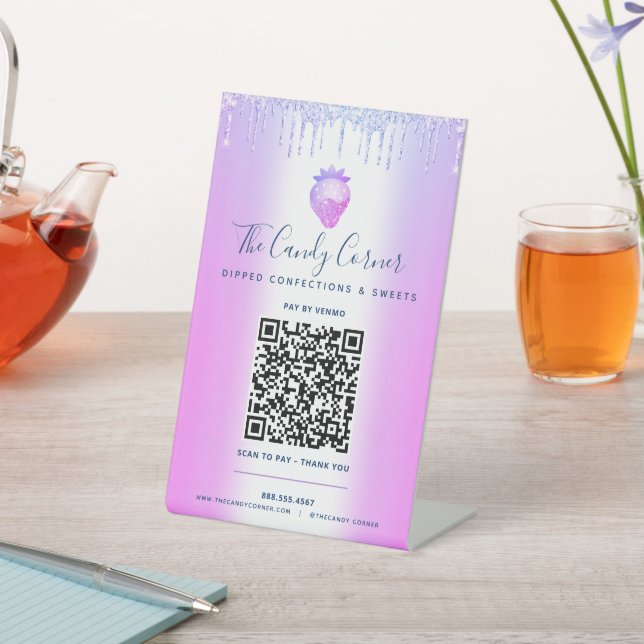 Purple QR Code Pay Here Strawberry Glitter Drips  Pedestal Sign (In SItu)