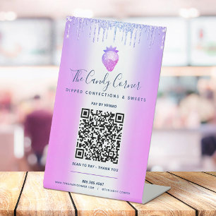 Purple QR Code Pay Here Strawberry Glitter Drips  Pedestal Sign