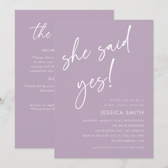 Purple QR Code She Said Yes Bridal Shower Invitation (Front/Back)