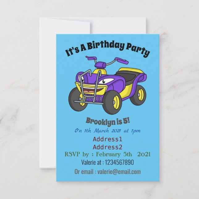 Purple Quad bike cartoon illustration Invitation (Front)