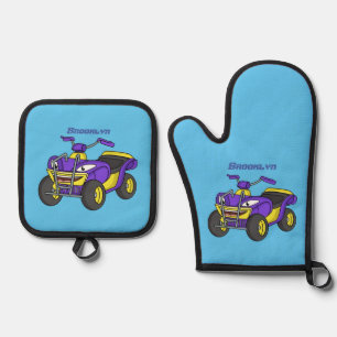 Purple Quad bike cartoon illustration Oven Mitt & Pot Holder Set