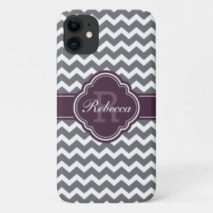 Purple Quatrefoil Monogram Grey Chevron Pattern iPhone 11 Case