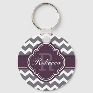 Purple Quatrefoil Monogram Grey Chevron Pattern Key Ring