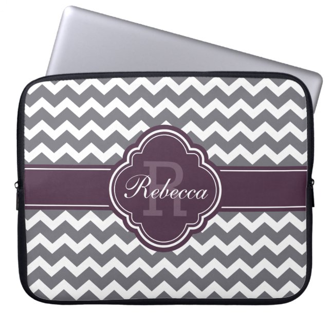 Purple Quatrefoil Monogram Grey Chevron Pattern Laptop Sleeve (Front)