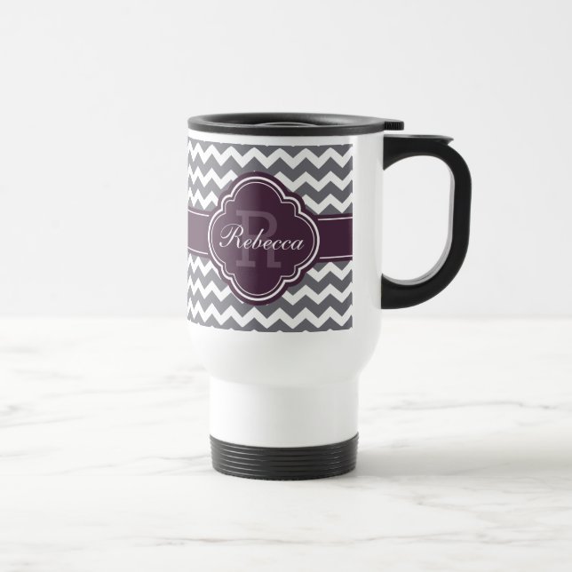 Purple Quatrefoil Monogram Grey Chevron Pattern Travel Mug (Right)