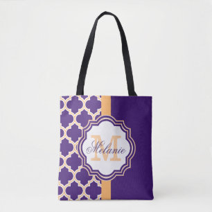 Purple Quatrefoil Monogram Tote Bag