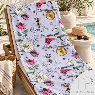 Purple Queen Bee Floral Pattern Beach Towel