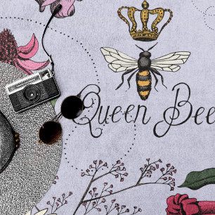 Purple Queen Bee Floral Pattern Beach Towel