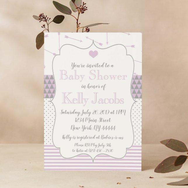 Purple Quilted Heart Arrows Baby Shower Invitation (Creator Uploaded)