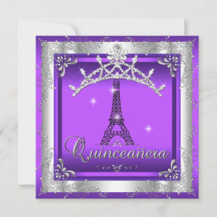 Purple Quinceanera 15 Silver Tiara Eiffel Tower Invitation