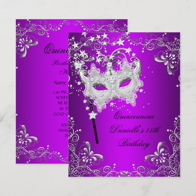 Purple Quinceanera 15th Birthday Masquerade Invitation (Front/Back)