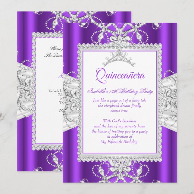 Purple Quinceanera 15th Birthday Party Tiara Invitation (Front/Back)
