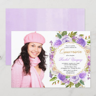 Purple Quinceanera floral lavender lilac photo Invitation