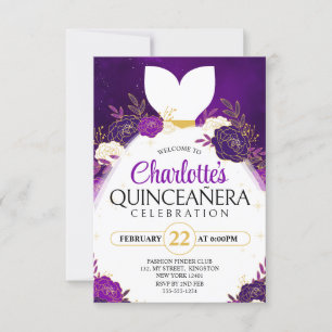 Purple Quinceañera﻿ Floral White Princess Dress Invitation