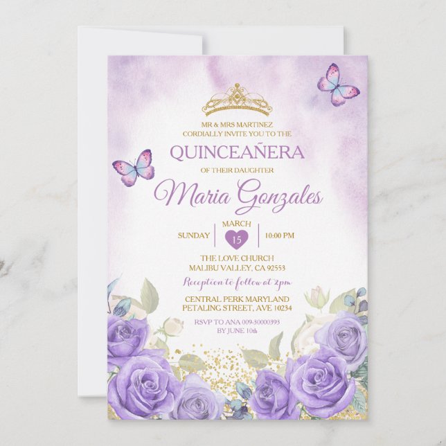 Purple Quinceañera Gold Crown Mexican Butterfly Invitation (Front)
