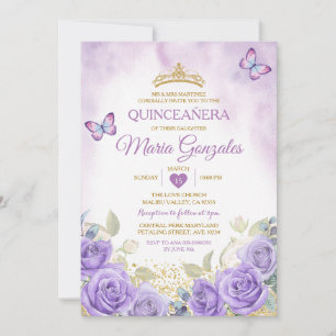 Purple Quinceañera Gold Crown Mexican Butterfly Invitation