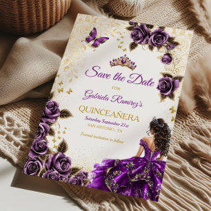 Purple Quinceañera Golden Tiara  Roses Butterfly Save The Date