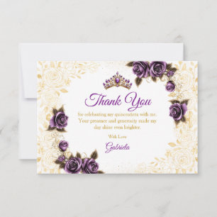 Purple Quinceañera Golden Tiara Roses Thank You Card