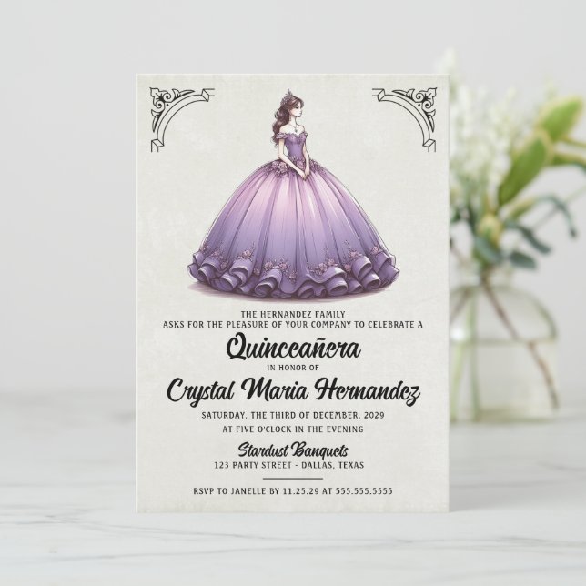 Purple Quinceañera Invitation (Standing Front)