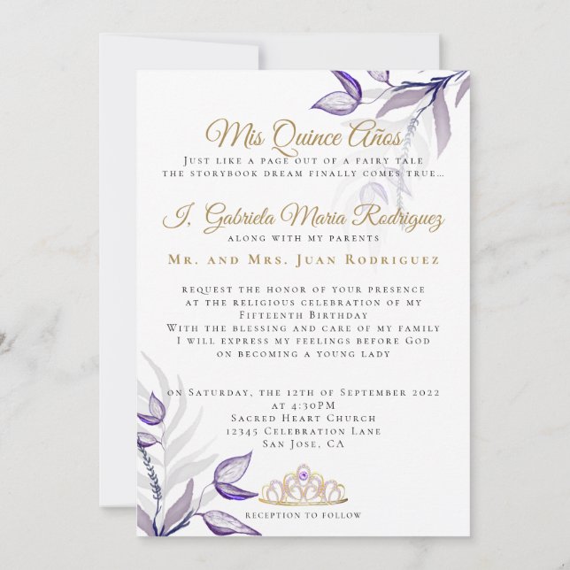 Purple Quinceañera  Mis Quince Años Follaje Morado Invitation (Back)