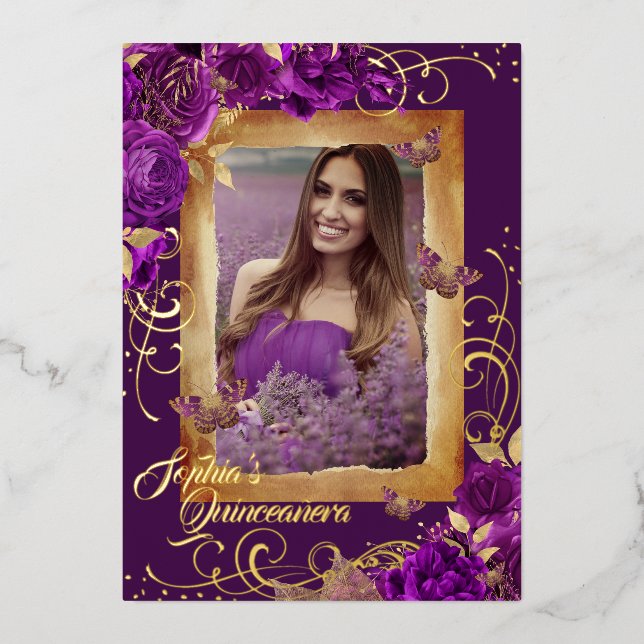 Purple Quinceanera Photo Rose Gold Butterfly (Front)