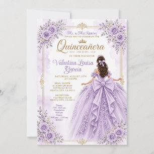 Purple Quinceañera Princess Bow Dress Floral Invitation