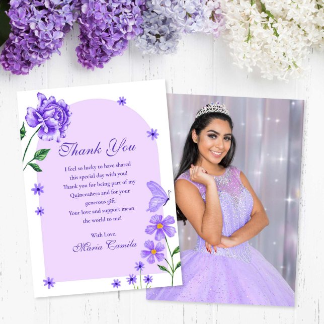 Purple Quinceañera Roses and Butterflies Photo Thank You Card (Purple Quinceañera Floral Roses and Butterflies Thank You Card)