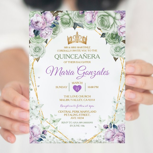 Purple Quinceañera Sage Green Mexican Butterfly Invitation (Creator Uploaded)