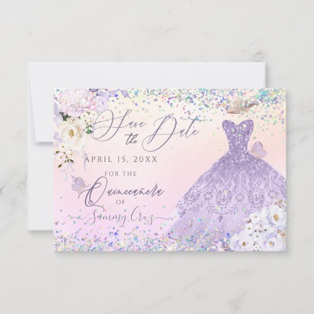 Purple Quinceanera Save Date Holographic Confetti Invitation (Front)