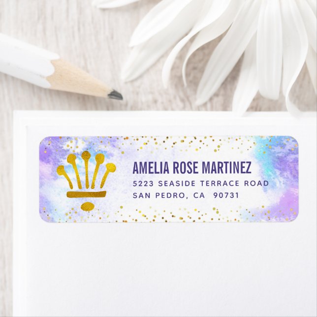 Purple Quinceañera Watercolor Gold Glitter Address (Insitu)