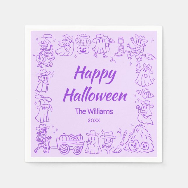 Purple Quirky Hand Drawn Doodles Happy Halloween Napkin (Front)