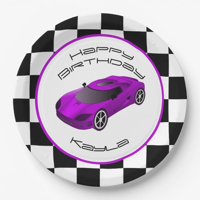 Purple Race Car | Custom Birthday Party Paper Plate (Front)