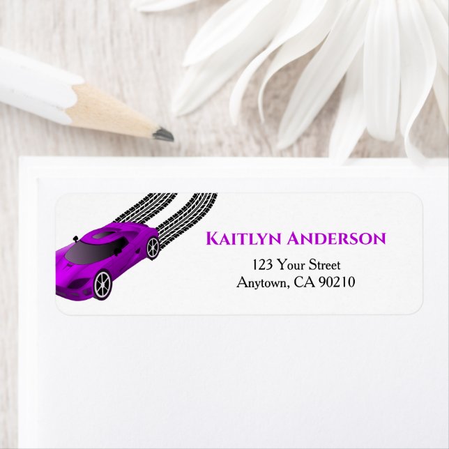 Purple Race Car | Kids Custom Return Address Label (Insitu)