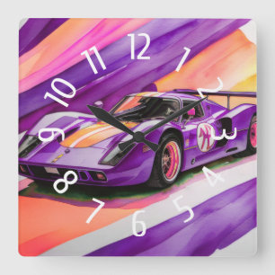 Purple Race Car Watercolor Yellow Square Wall Clock