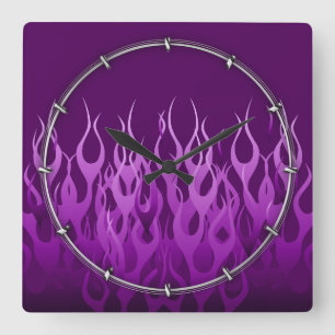 Purple Racing Flames Square Wall Clock
