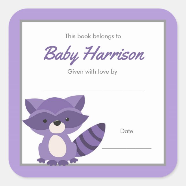 Purple Racoon Baby Shower Bookplate, girl book Square Sticker (Front)