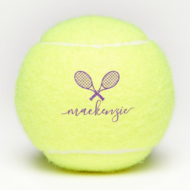 Purple Racquets with Name Personalised  Tennis Balls (Front)