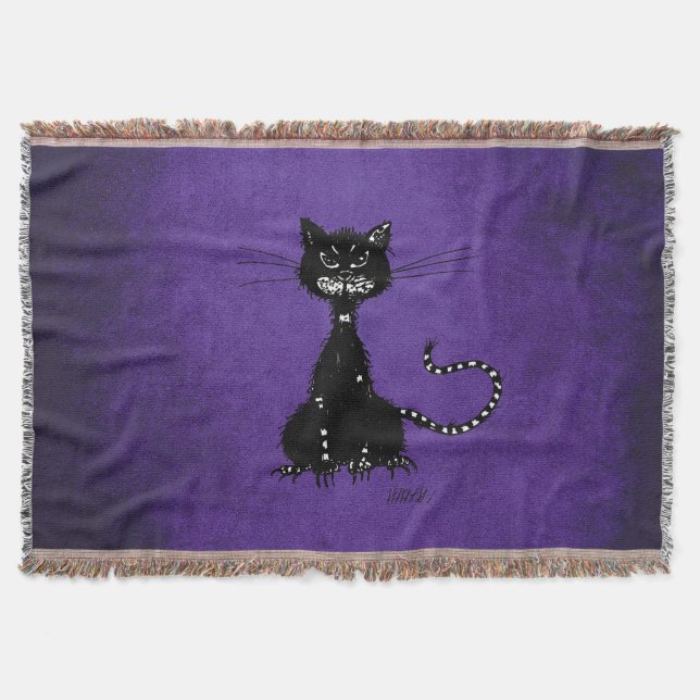 Purple Ragged Evil Black Cat Throw Blanket (Front)