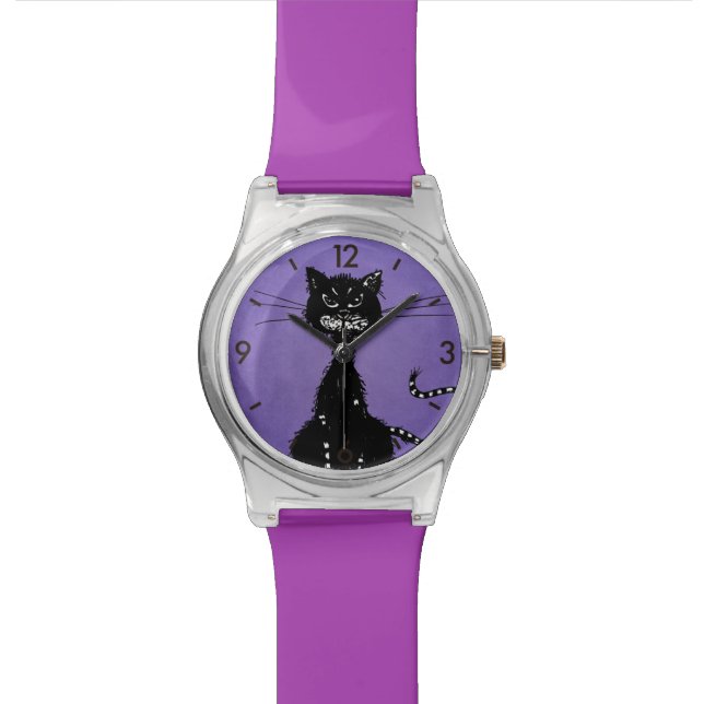 Purple Ragged Evil Black Cat Watch (Close Up)