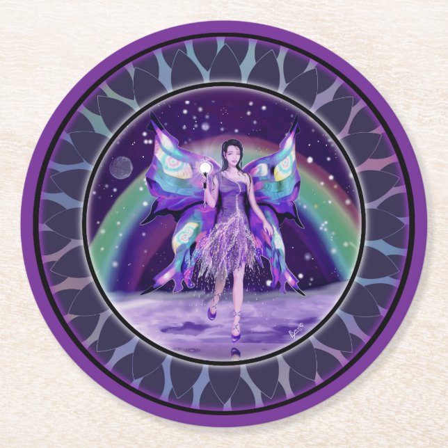 Purple rain Fairy Round Paper Coaster (Front)