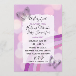 Purple Rainbow and Butterflies Girl's Baby Shower Invitation