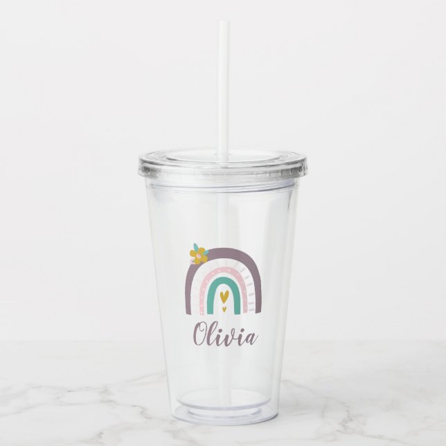 Purple Rainbow and Flower personalised Acrylic Tumbler (Front)