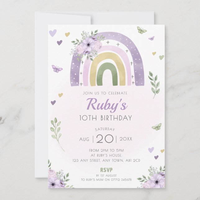Purple Rainbow Birthday Party Invite Boho Flowers (Front)
